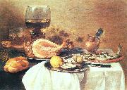 Pieter Claesz A ham a herring oysters a lemon bread onions grapes oil painting artist